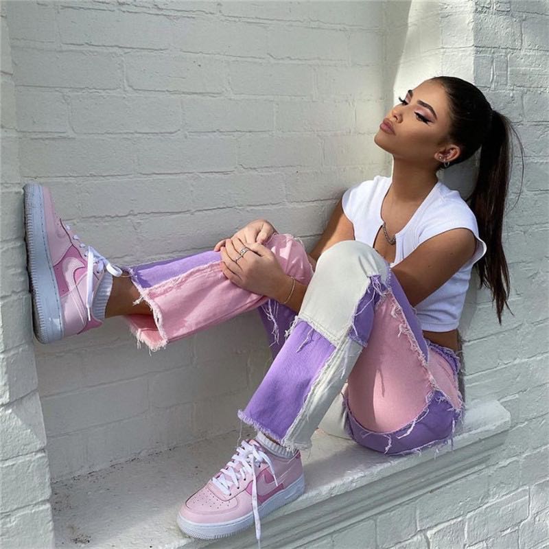 PO | purple pink white patchwork frayed