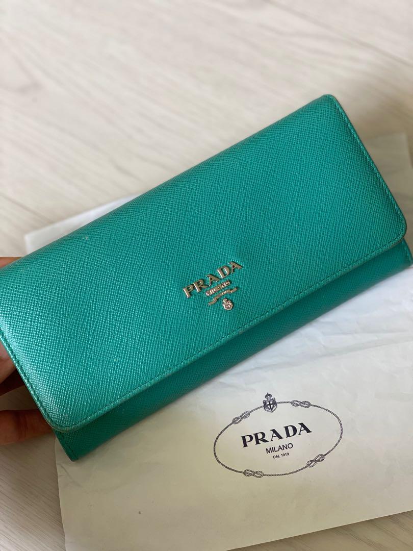 Prada Saffiano Leather Giada Turquoise Small Zip Cardholder Wallet