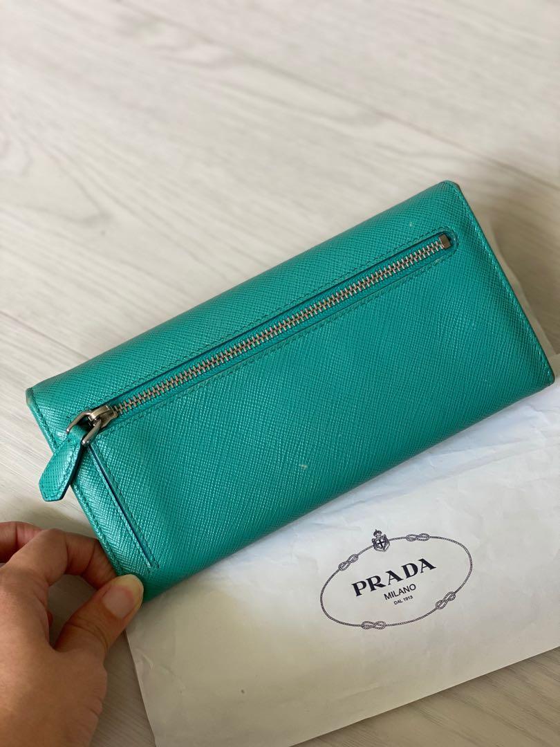 Prada Saffiano Leather Giada Turquoise Small Zip Cardholder Wallet