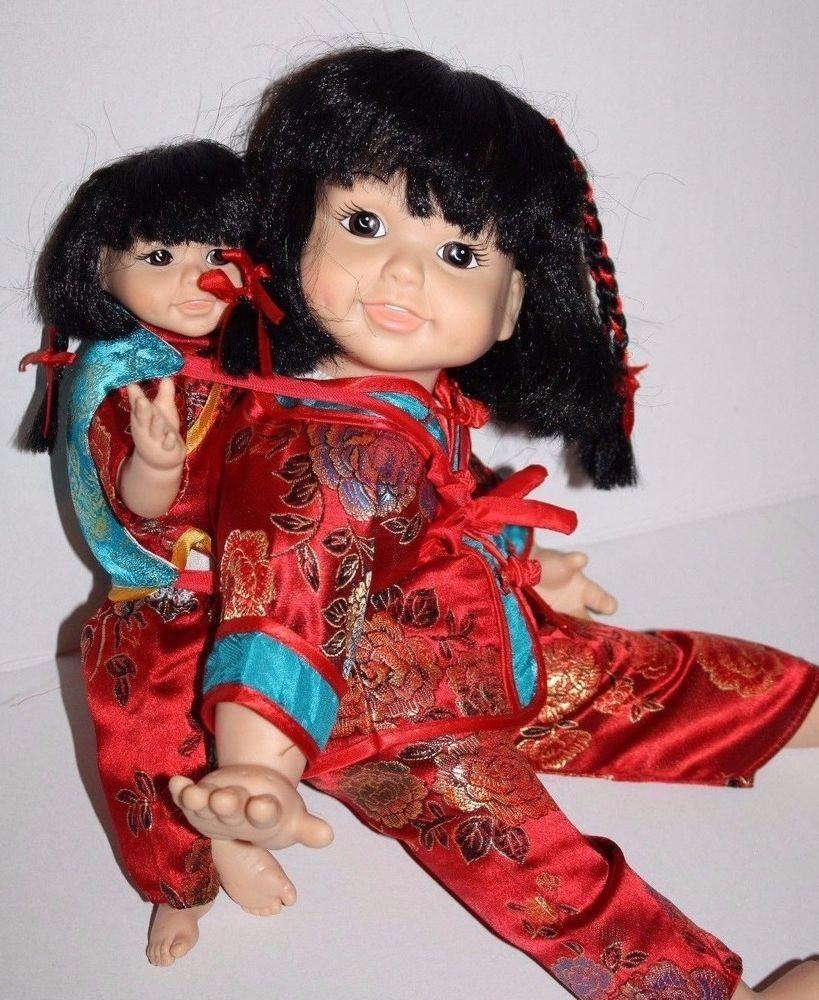China Dolls Co Asian MOMMY BABY On Back DOLLS Red Silky Outfits