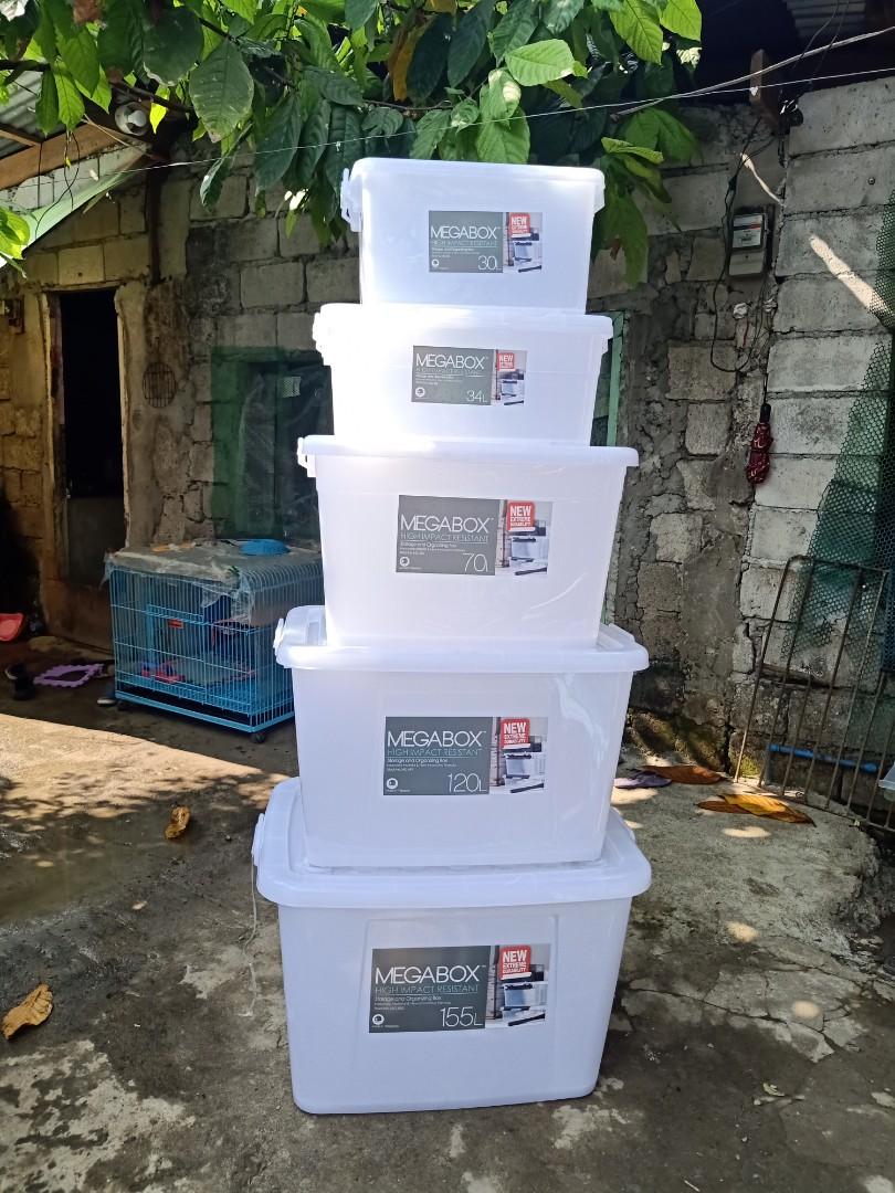 Megabox storagebox (Category: Storage Boxes & Baskets) located in Quezon City. Submitted by twinscesashoppe (Listing ID 1029790722, Image 1). Description: 6L 190 shoebox 7.5 180 9.5L 200 11L 220 underbed 12L 210 12L 220 shoebox 18L 250 20L 280 30L 350 34L 400 underbed 50L 450 58L 500 70L 570 95L 670 120L 770 155L 1000 price of each.
