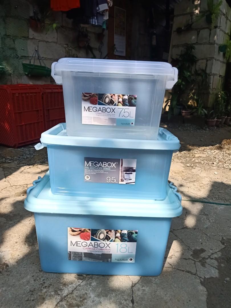 Megabox storagebox (Category: Storage Boxes & Baskets) located in Quezon City. Submitted by twinscesashoppe (Listing ID 1029790722, Image 3). Description: 6L 190 shoebox 7.5 180 9.5L 200 11L 220 underbed 12L 210 12L 220 shoebox 18L 250 20L 280 30L 350 34L 400 underbed 50L 450 58L 500 70L 570 95L 670 120L 770 155L 1000 price of each.