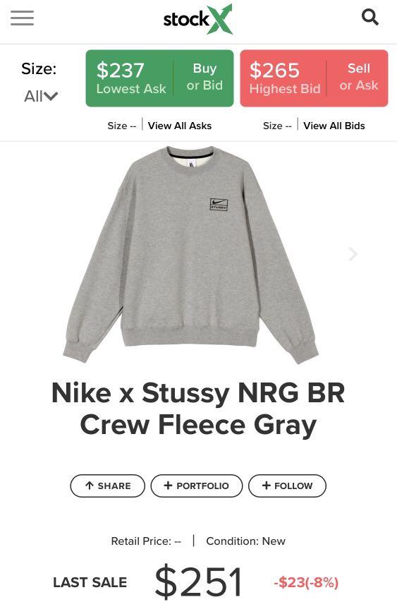 Nike x Stussy NRG Br Crew Fleece Gray, Men's Fashion, Tops & Sets