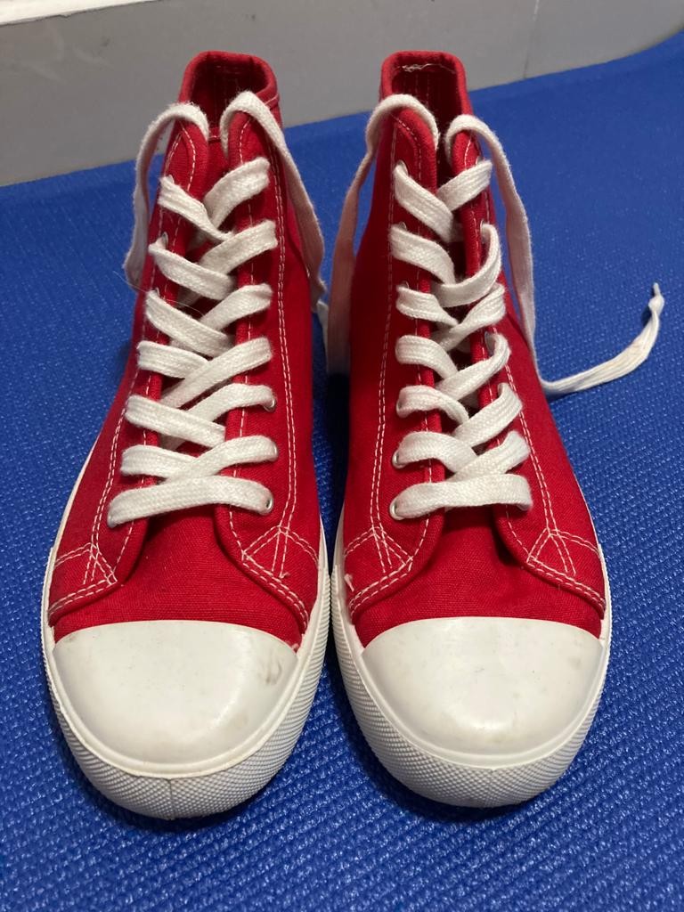red canvas sneakers