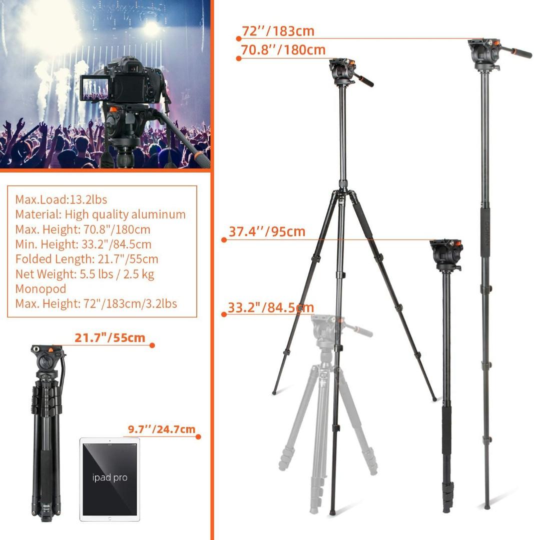 Video Tripod, Monopod convertible, COMAN KX3939 with 360 Fluid Head for