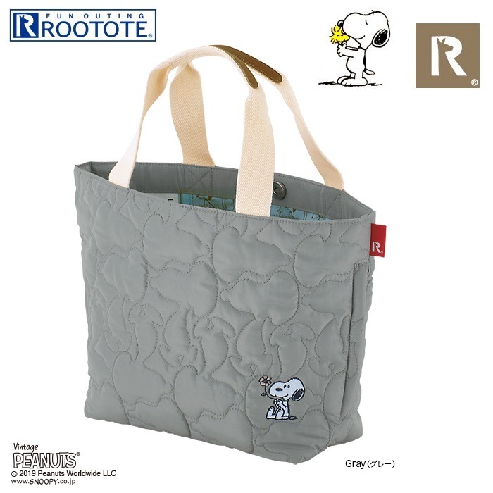 日本Rootote X Snoopy 史路比別注灰色車線夾棉布手挽袋, 女裝, 手袋及