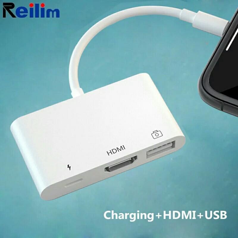 Light-ning to HDMI Digital Av Adapter Dual USB/OTG Hub for i-Phone
