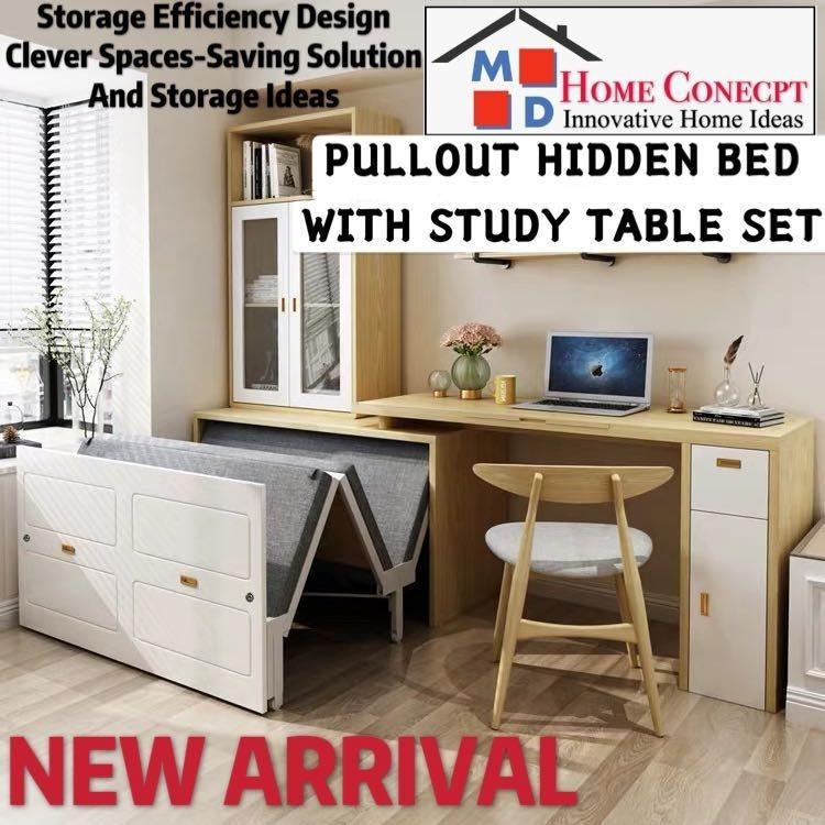 md home stylish wooden hidden foldable bed study room set furniture home living furniture other home furniture on carousell