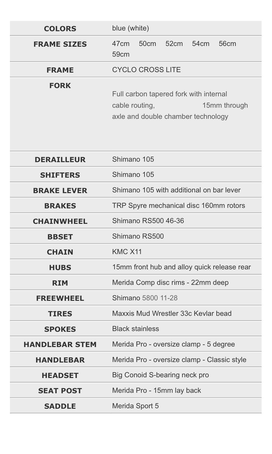 Merida cyclocross shop 500 size chart