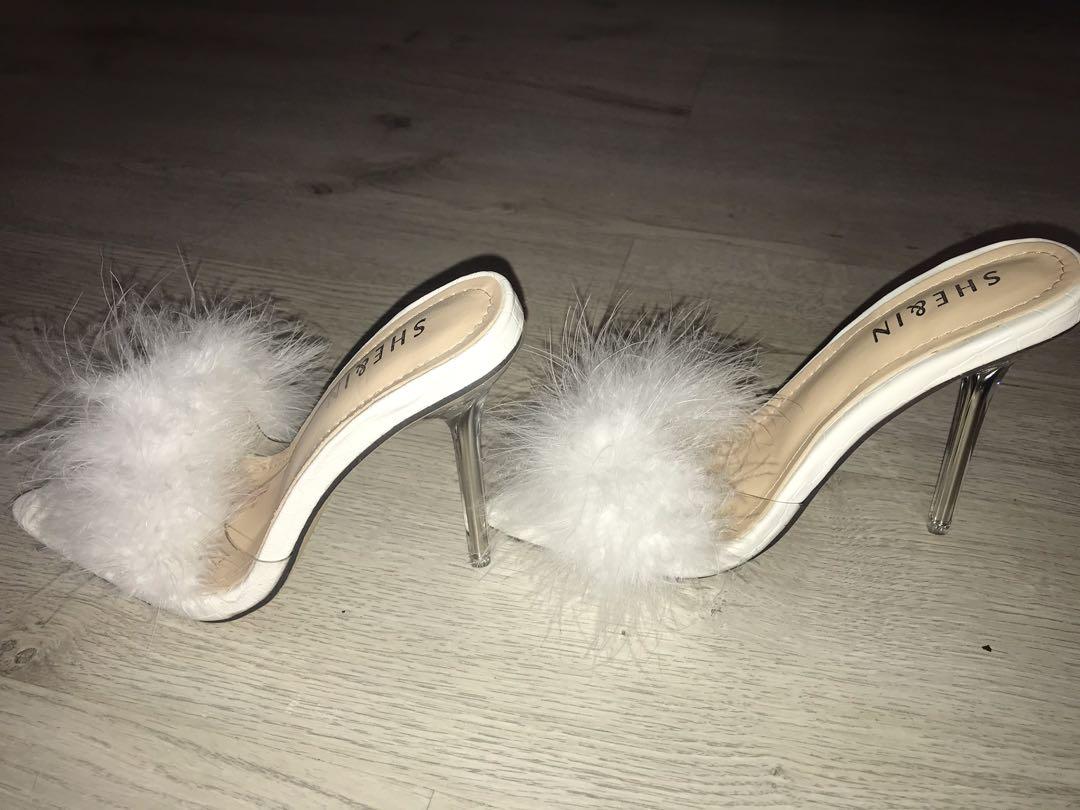 Shein white fur clear heels, Women's 