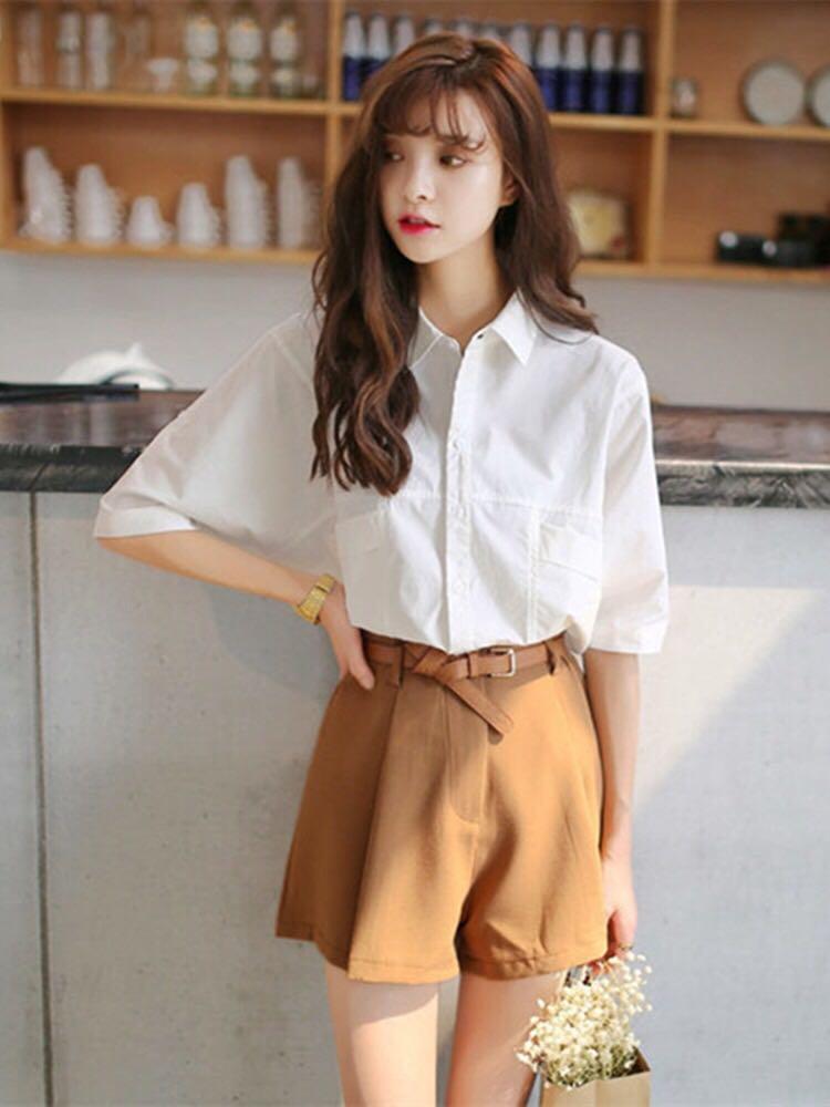 White Blouse Khaki shorts