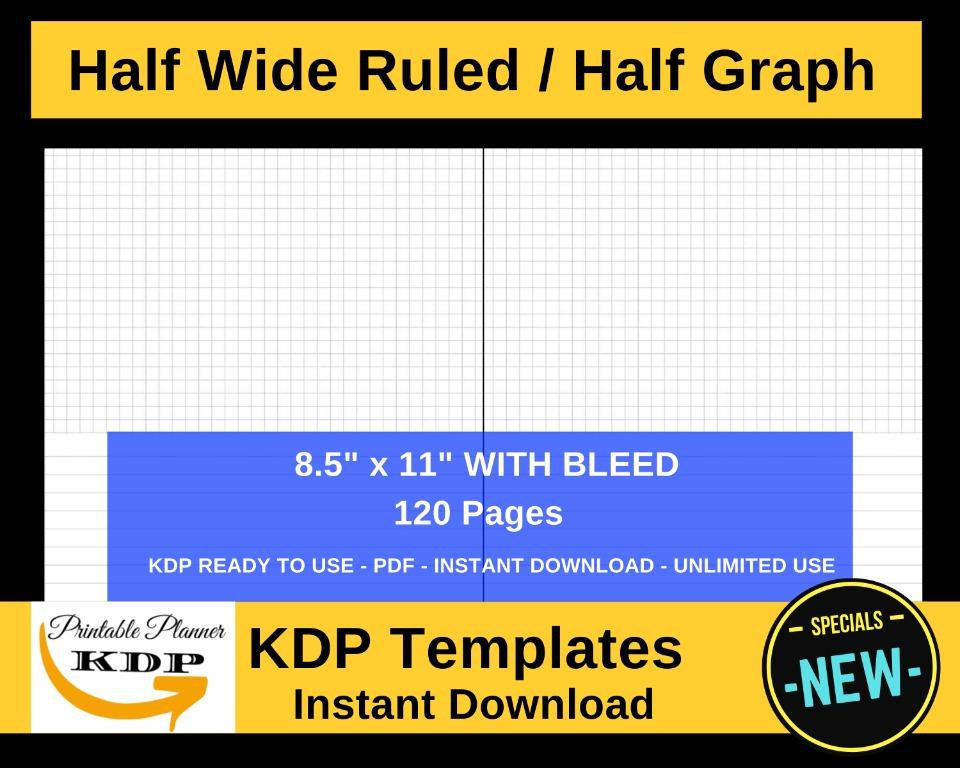 8 5 x 11 half wide ruled half graph 4x4 kdp interior template with bleed notebook coordinate paper grid paper 120 pages pdf format hobbies toys stationery craft art prints