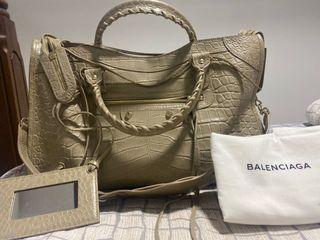 Balenciaga calf leather motocross croc embossed classic city satchel