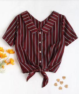 Fold Over Tie Front Striped Casual Shirt