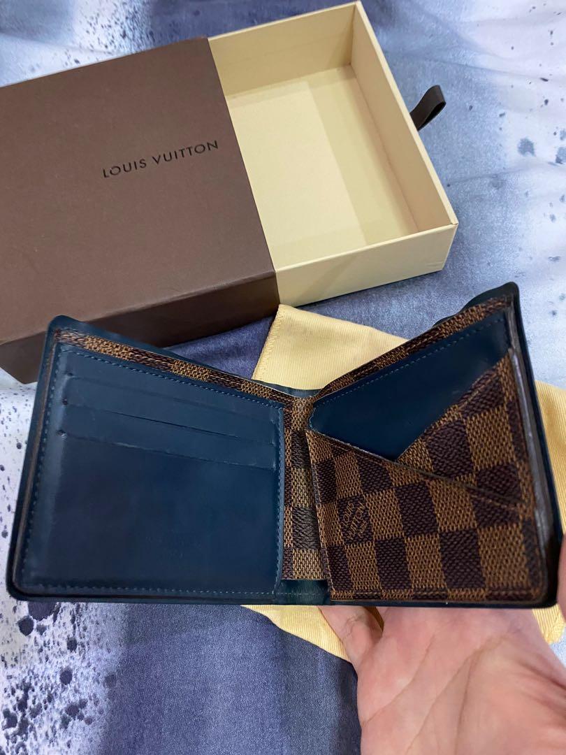 Louis Vuitton Damier Ebene Multiple Wallet with Bleu Calfskin