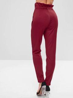 Ruffle Belted Tapered Pants - Red Wine