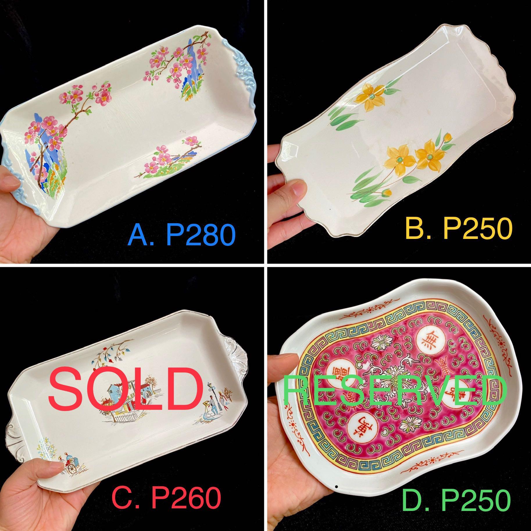 ♥️Vintage Deco Server Plates (Category: Dinnerware & Cutlery) located in Paranaque City. Submitted by sfairyboutique (Listing ID 1024700518, Image 1). Description: Vintage Deco Server Plates Options: A. Vintage Royal Tudor England Deco Server Plate -Handpainted Sakura Blossoms -L11 x W5.2in x H1in 🧚‍♀️P280 B. Vintage Morley England Deco Server Platter -Handpainted Yellow Floral Pattern -L9.5 x W5in 🧚‍♀️P250 C. Vintage Royal Tunstall England Dec