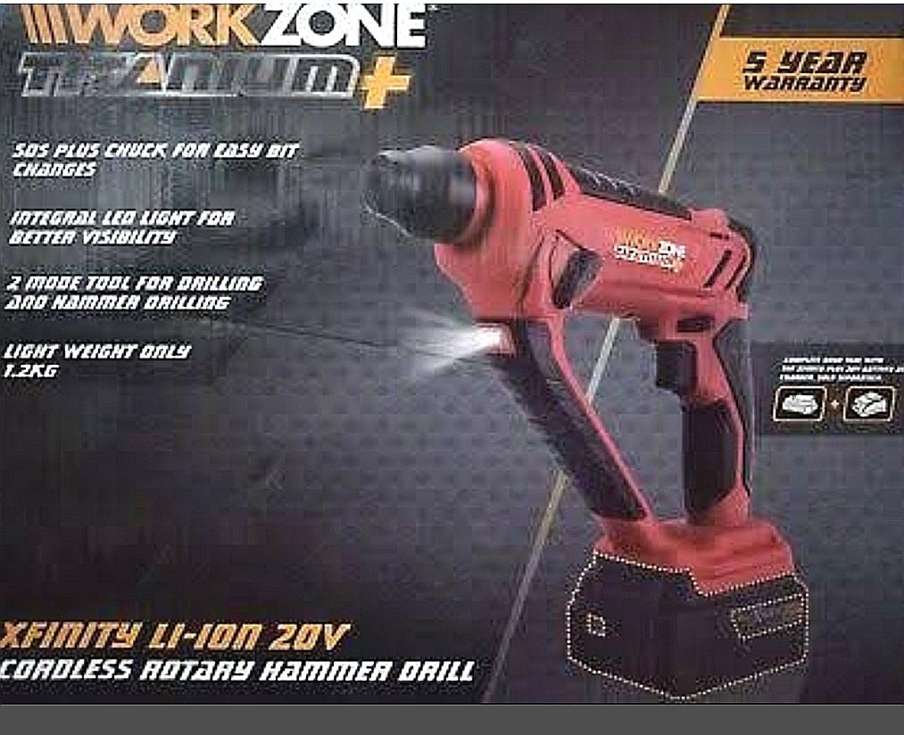 Workzone Xfinity Li ion 20V Cordless Rotary Hammer Drill with Battery and Charger
