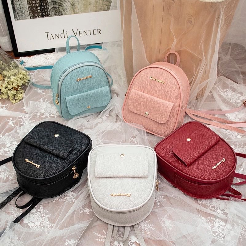 Casual Women Mini Backpacks Pure Color PU Leather Zipper Sling Bag