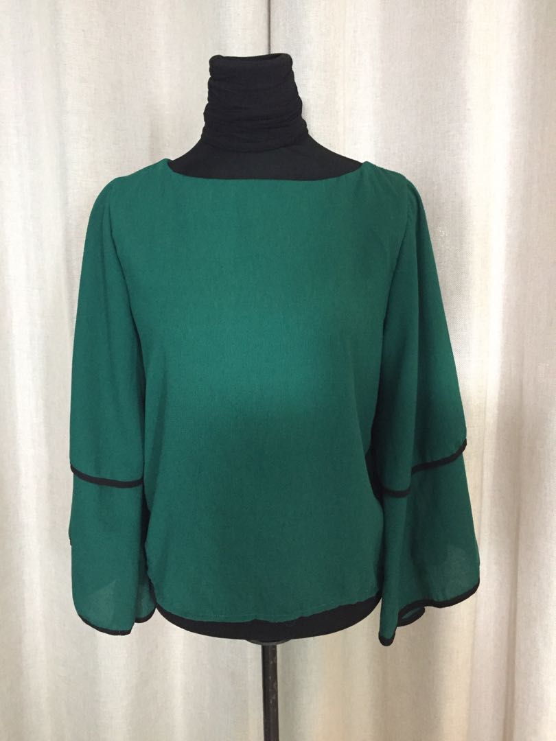 Emerald green blouse with ruffles & black piping (I102), Women's ...