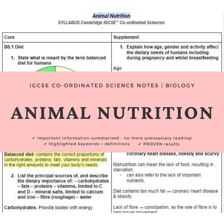 IGCSE BIO Notes Animal Nutrition Coordinated Sciences SYLLABUS