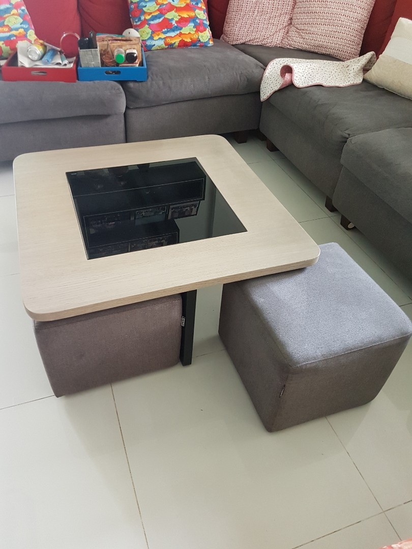 LShaped sofa and coffee table with 4 stools, Furniture & Home Living
