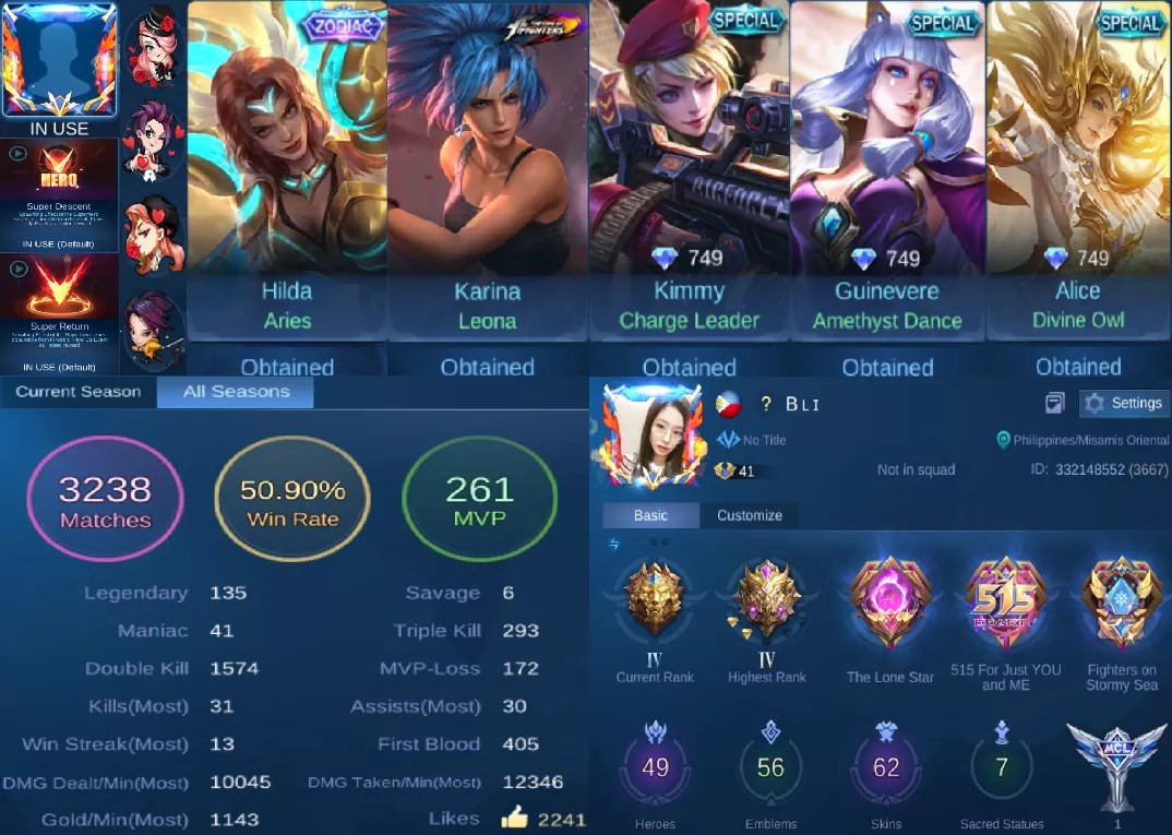 Ml Account With 62 Skin And Zodiac Hilda With Friends And 1 Epic Skin 1 Kof Video Gaming Video Games Nintendo On Carousell