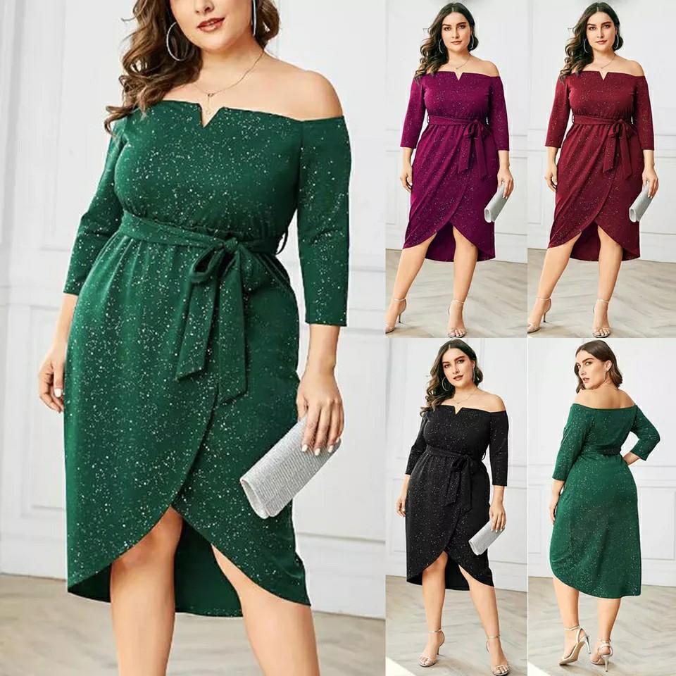 Plus Size Dress Women Sexy Off Shoulder Short Sleeve Sequins