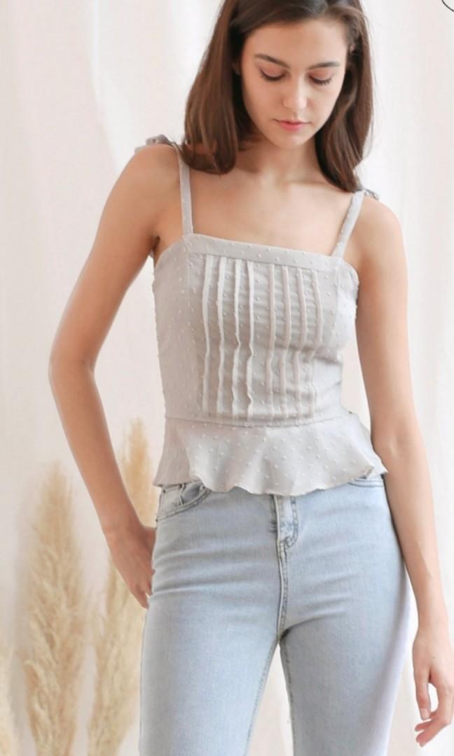 Rosie Swiss Dot Peplum Top in Moon, Women's Fashion, Tops, Blouses