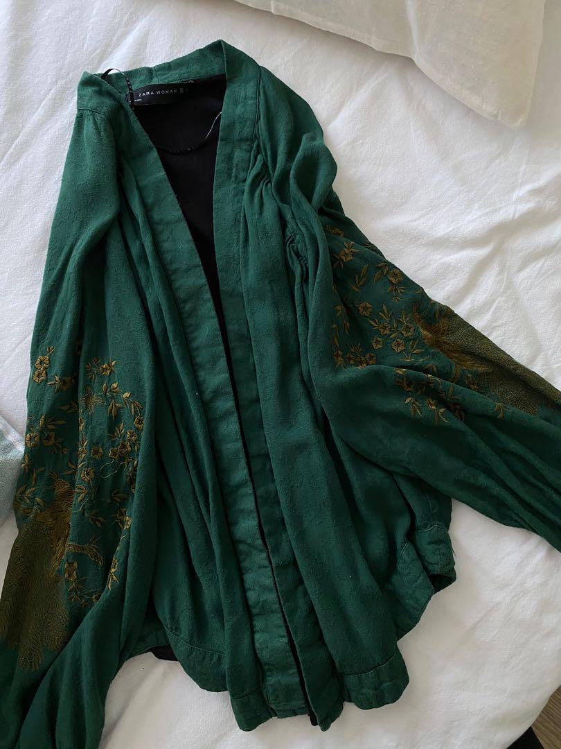 zara green embroidered kimono