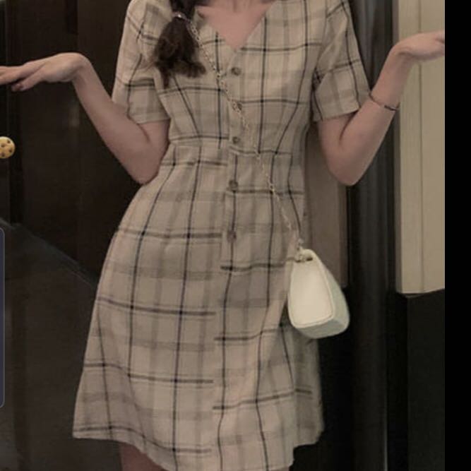 beige checked dress