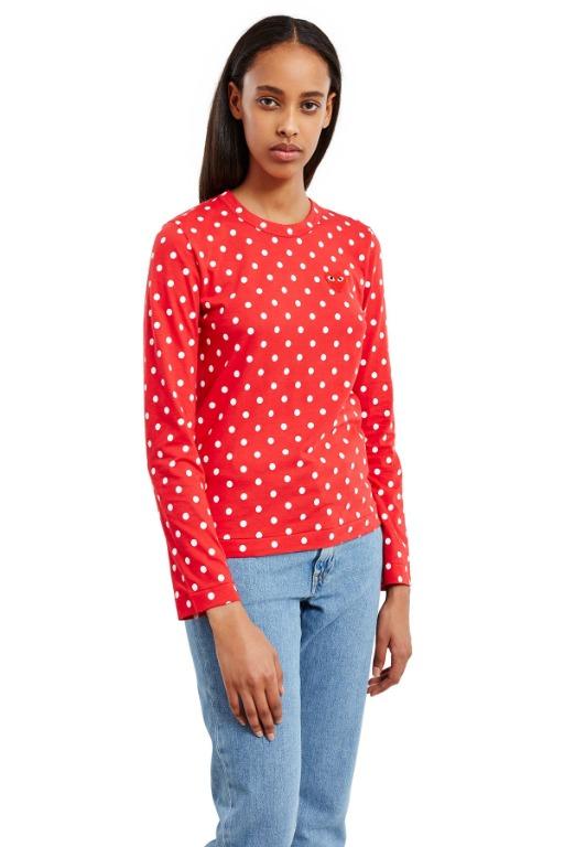 COMME DES GARCONS PLAY LONG SLEEVE POLKA DOT TEE RED SIZE M