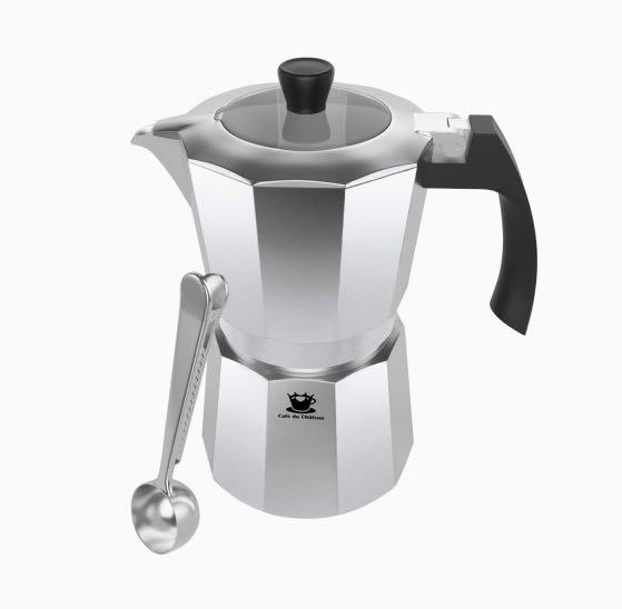Cafe du Chateau Espresso Maker (6 Cup) Transparent Top Lid, High Gloss Finish, with Coffee Clip Spoon - Coffee Percolator