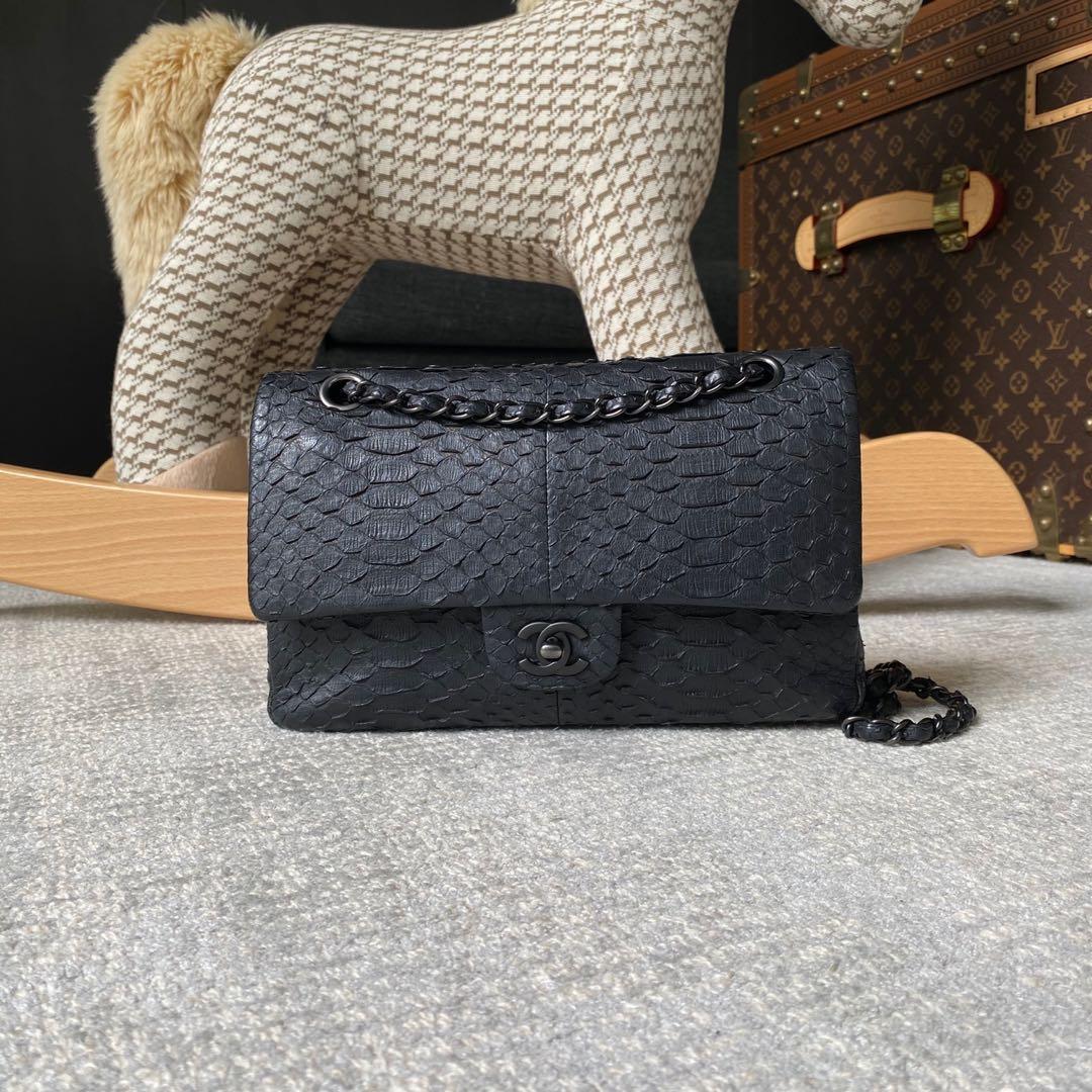 RARE Chanel Classic Double Flap Python So Black, Luxury, Bags