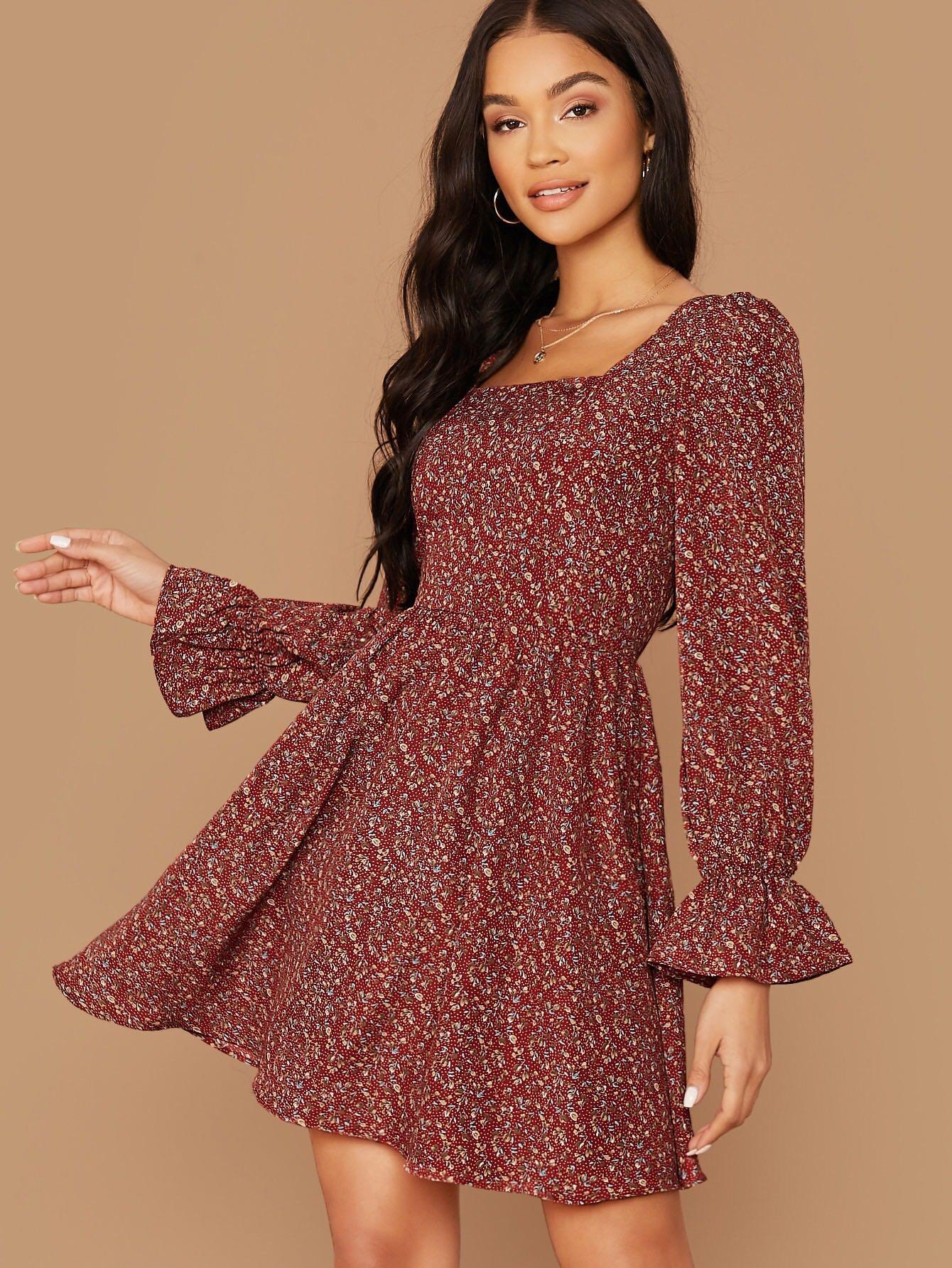Square Neck Flounce Sleeve Floral Dress