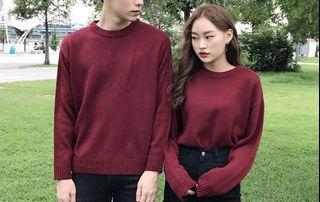 Unisex red wine round neck knit sweater mixxmix korean
