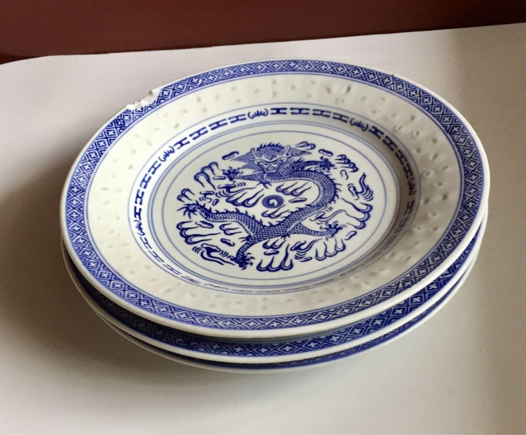 10 PCS Vintage Chinese Porcelain SAUCE PLATE with Blue FLOWER Rice Grain Pattern 