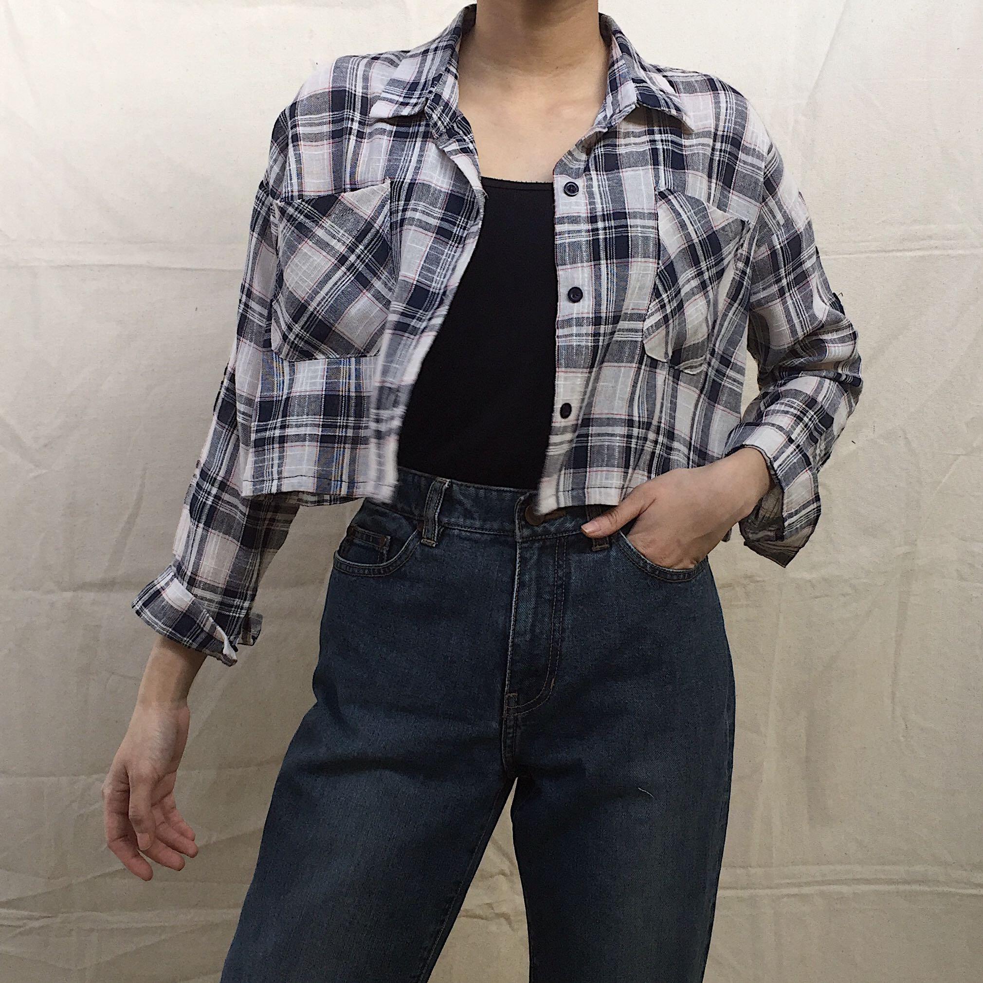 White\u0026navy tartan crop shirt, Fesyen 