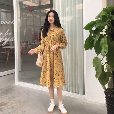 Yellow Floral Korean fashion dresses Long Sleeve Maxi Dress