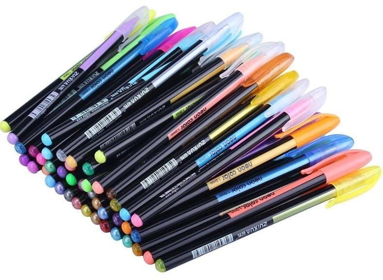 48 Gel Pen Set Metallic Pastel Glitter Neon Gel Pens FREE ADULT COLOURING  BOOK