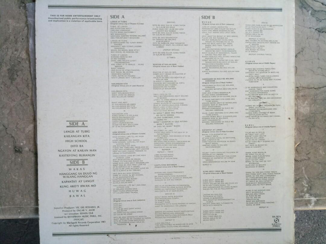 George Canseco LP Vinyl Plaka OPM (Category: Vinyls) located in Manila. Submitted by kinganalog (Listing ID 1030906825, Image 2). Description: George Canseco Minus One LP Vinyl Sing George's Classics with full orchestra, songs from Sharon Cuneta, Kuh Ledesma, Basil Valdez, Pilita Corales, Imelda Papin and Didith Reyes. Cover G+ tear on lower end part with lyrics on back, media VG+ to EX. 1981 Blackgold Records. Shipping nationwide, payment via Pa