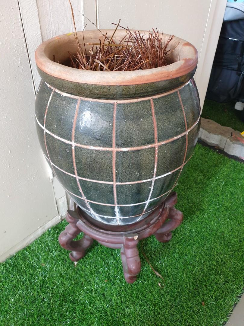 Huge Ceramic Plant Pot With Wooden Stand Gardening Pots Planters On Carousell
