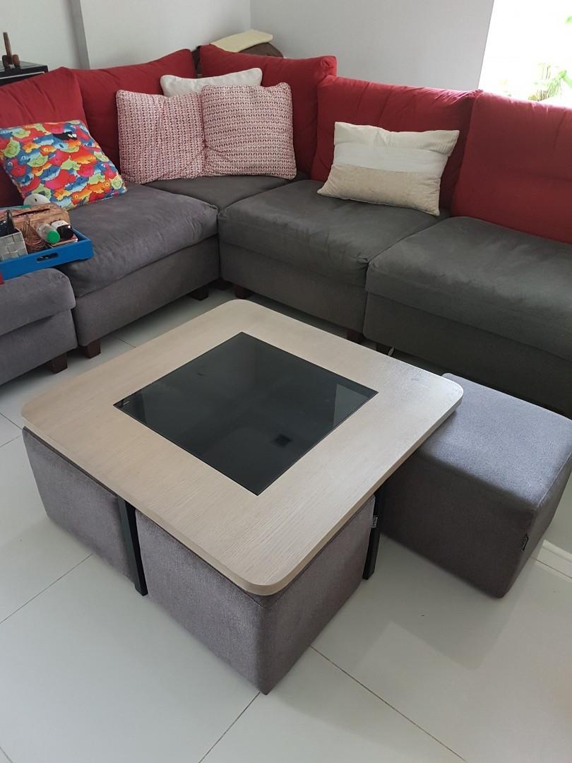 LShaped sofa and coffee table with 4 stools, Furniture & Home Living