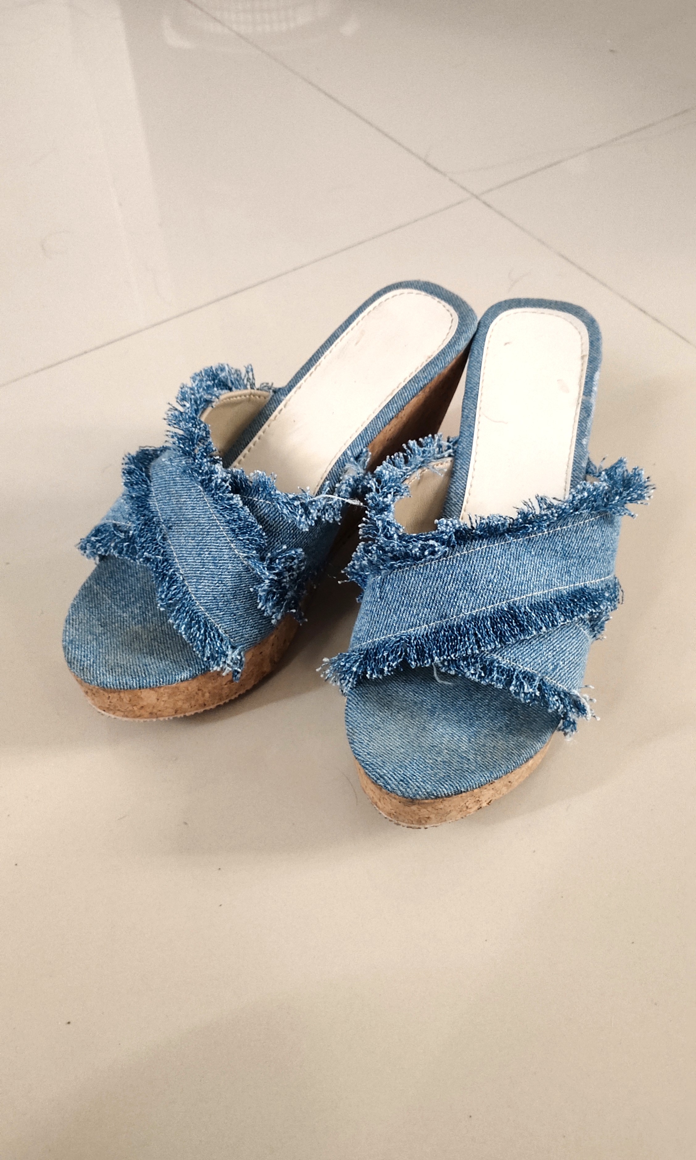 Blue denim wedge shoes Clearance