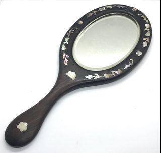 Antique Chinese Blackwood Oval Mirror with Mother-of-Pearl Inlay