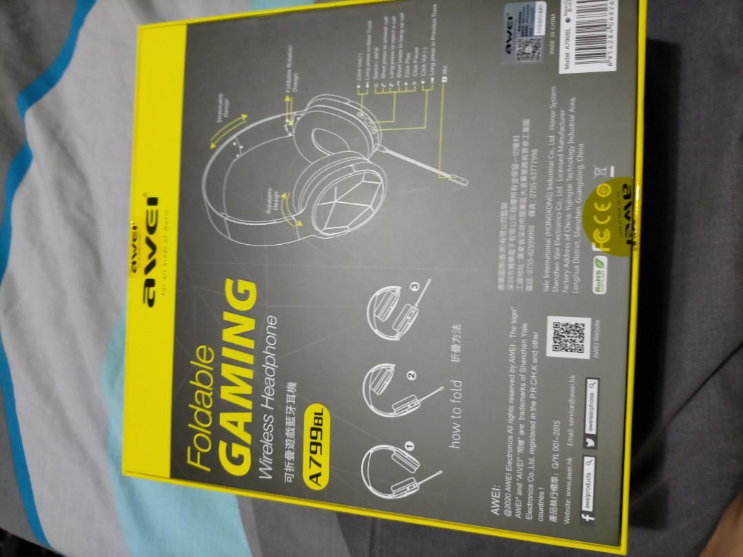 Awei A799BL Foldable Gaming Headphone (Category: Headphones & Headsets) located in Quezon City. Submitted by jmp13 (Listing ID 1031172806, Image 2). Description: Awei A799BL foldable gaming headphone wirless hands free up to 14 hrs working time superior bass sound bnew never been used rfs: this was a gift but not needed thats why i intend to sell php850 for shipping only pm for inquiries.