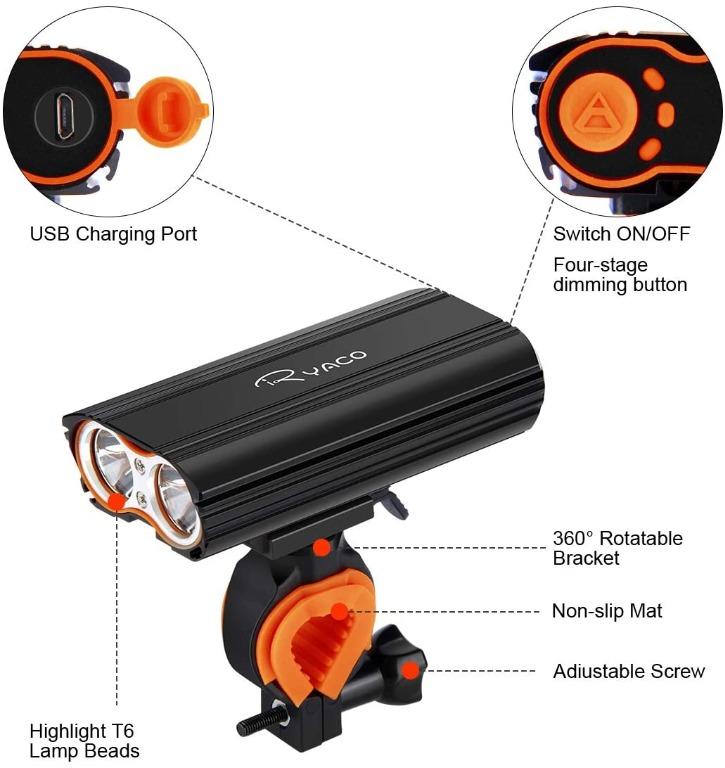 BNIB RYACO Bike Light Set LR Y2 USB Re Chargeable Bicycle Headlight Light 2400 Lumens Headlamp Set with 4400mAh 2 x LED 4 Modes IP65