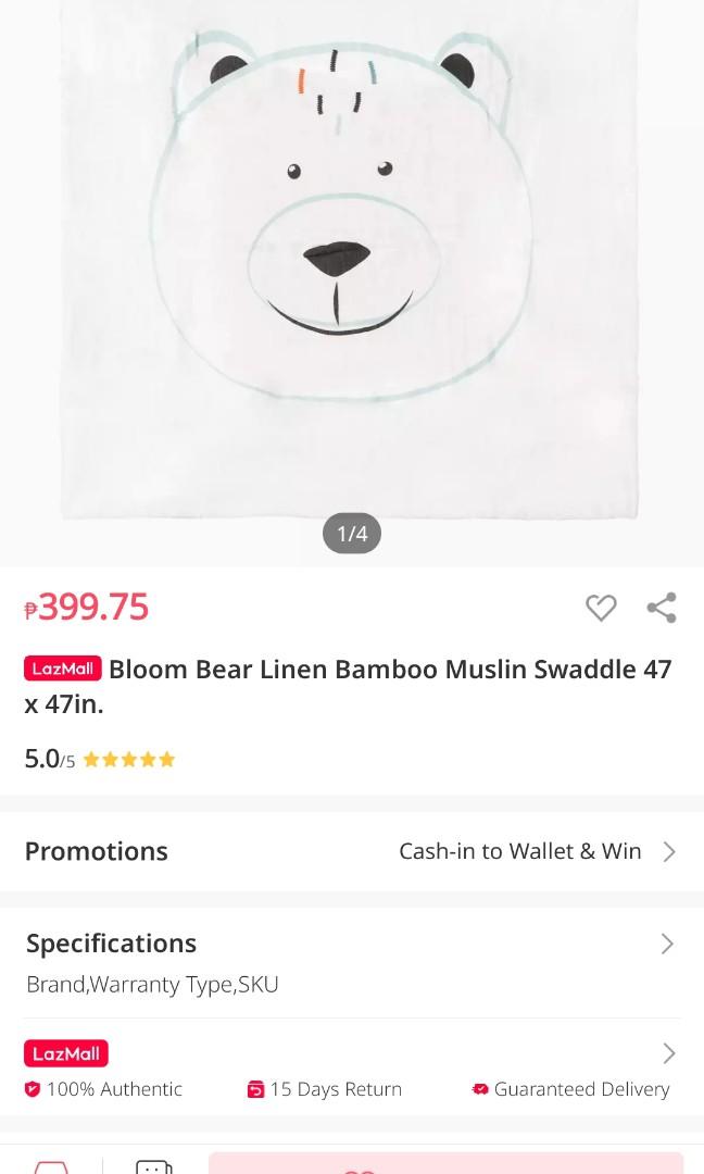 Bloom muslin swaddle unisex (Category: Other Baby Bathing & Changing Needs) located in Manila. Submitted by loft1890 (Listing ID 1031422084, Image 1). Description: buy 2 for 700 1 for 370 mall price 400 each.