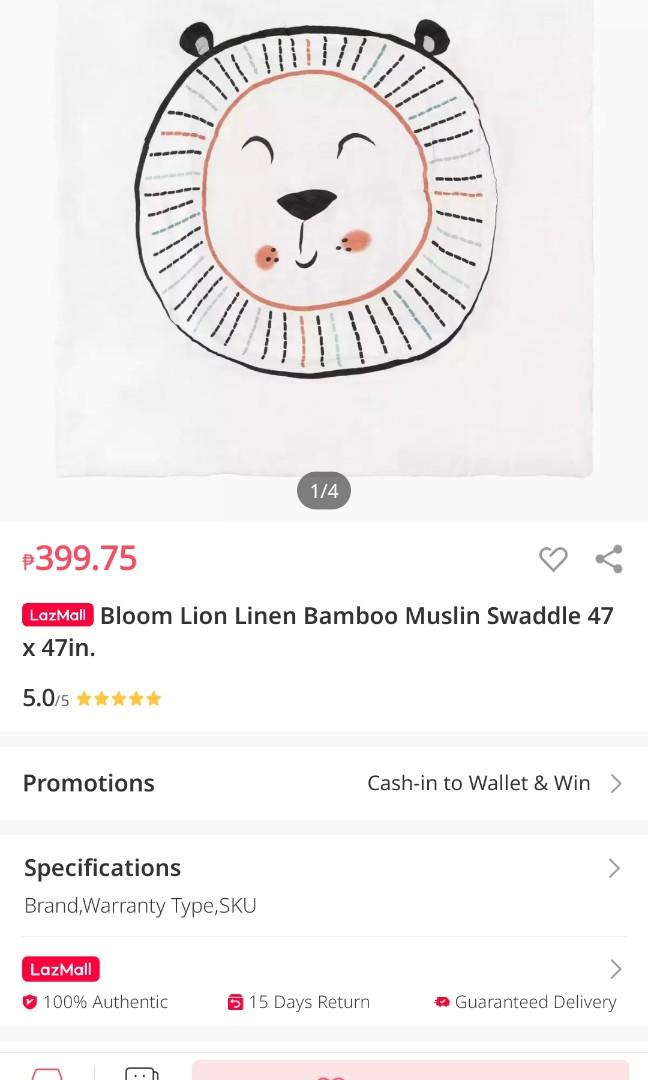 Bloom muslin swaddle unisex (Category: Other Baby Bathing & Changing Needs) located in Manila. Submitted by loft1890 (Listing ID 1031422084, Image 3). Description: buy 2 for 700 1 for 370 mall price 400 each.
