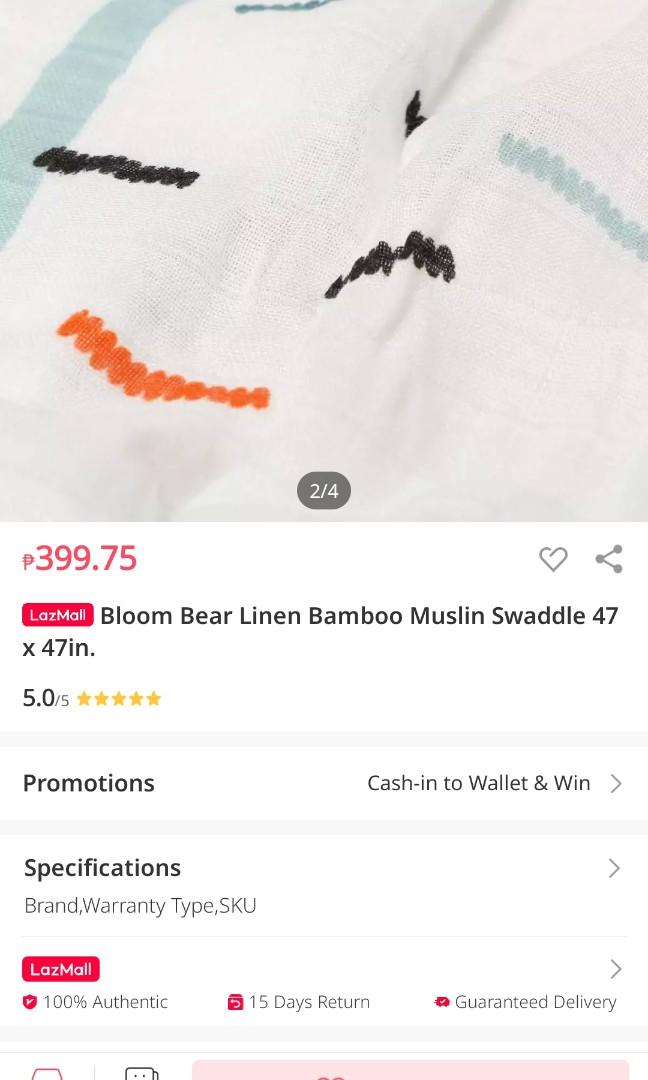 Bloom muslin swaddle unisex (Category: Other Baby Bathing & Changing Needs) located in Manila. Submitted by loft1890 (Listing ID 1031422084, Image 2). Description: buy 2 for 700 1 for 370 mall price 400 each.